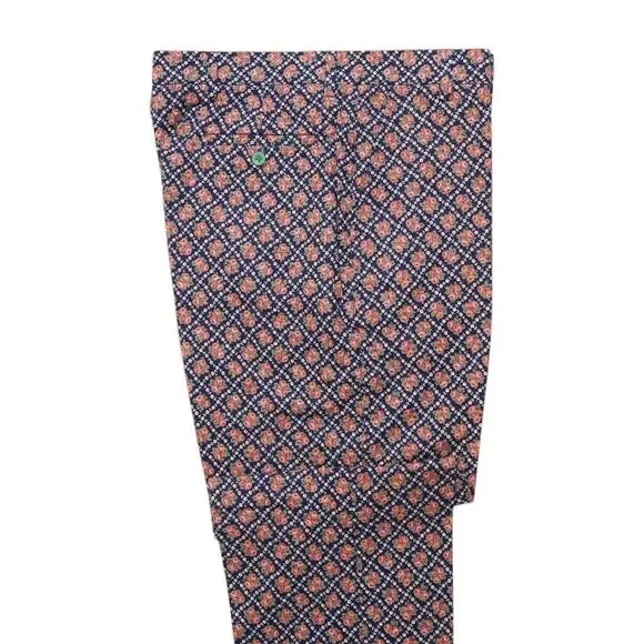 Mens 34 Floral Pants Blue Orange Cotton Geometric Flat Front Straight Trousers